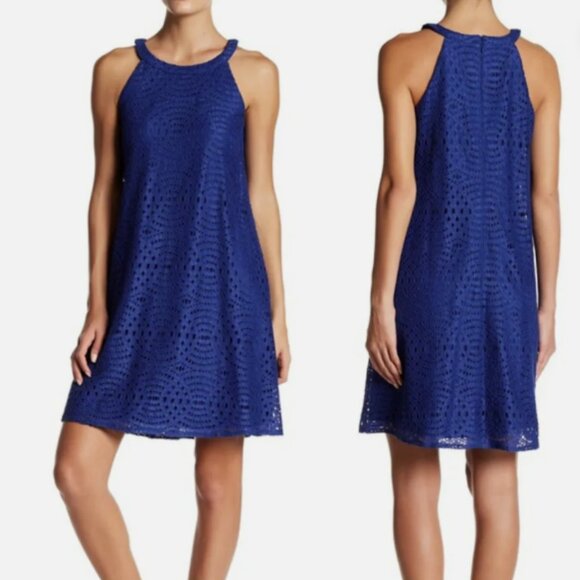 ELIZA J Crochet Lace Halter Knee Length Blue Wedding Guest Dress NWT Size 10 - Picture 1 of 9